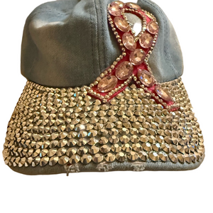 Rhinestone Denim Cap with Pink Cancer Ribbon Accent NWOT